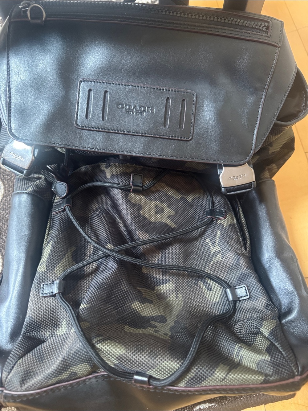 Coach Men's Black Leather & Olive Camo Backpack  Terrain Backpack